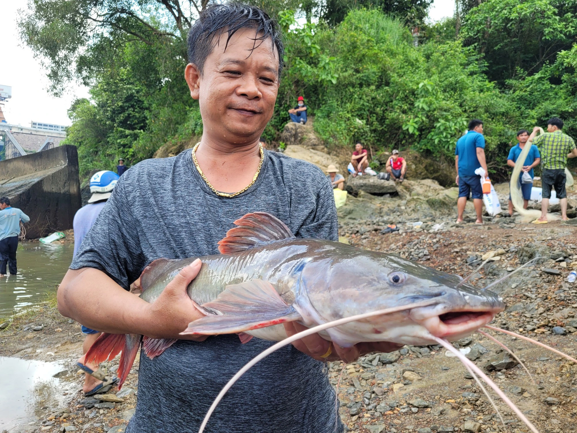 Hồ Trị An xả tràn, người dân nô nức lội nước bắt cá khủng - Ảnh 1. Hồ Trị An xả tràn, người dân nô nức lội nước bắt cá khủng - Ảnh 1.